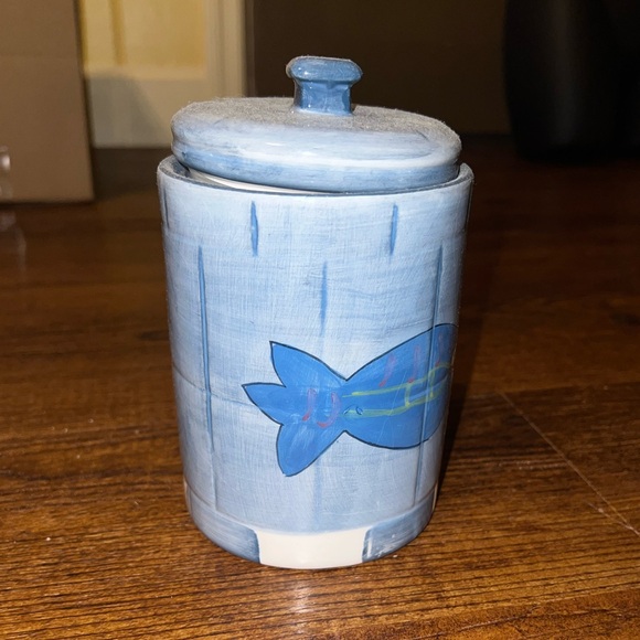 Hand Painted Ceramic Mosiac Nautical Blue Fish Jar W/ Lid - Picture 3 of 12